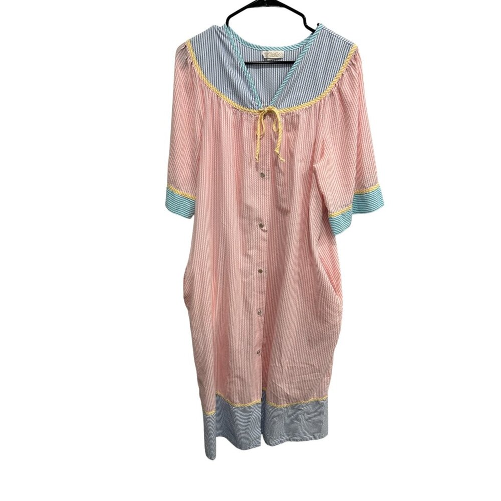Vintage Cachet Striped Button-Front Lounge Dress With Pockets Sz M